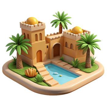 dramatic abstract A desert oasis with traditional mud-brick architecture, palm trees, bright midday sun 4K png