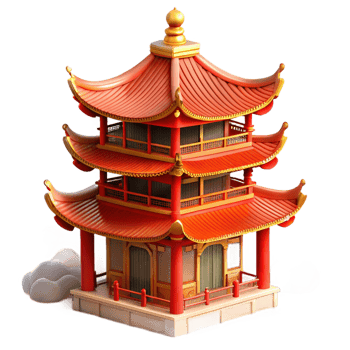dramatic contemporary A traditional Chinese pagoda with ornate carvings, vibrant red and gold colors, soft morning mist genuine png