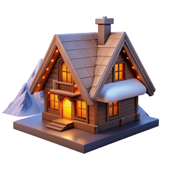 beautiful artistic A Swiss chalet with a sloped roof, wooden beams, snowy mountain backdrop, warm firelight inside high resolution png