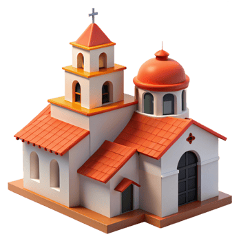 beautiful modern A Spanish colonial mission with white stucco walls, a red tile roof, a bell tower, bright midday sun original png