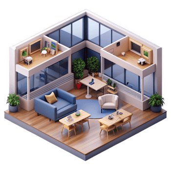 serene minimalist A co-living space with communal areas, open plan layout, modern and social 4K png