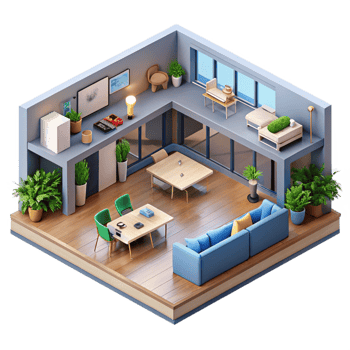 serene rustic A co-living space with communal areas, open plan layout, modern and social exclusive png
