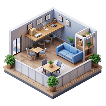 beautiful minimalist A co-living space with communal areas, open plan layout, modern and social exclusive png