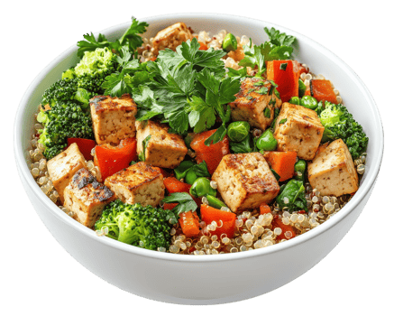 A bowl of food with tofu, broccoli, and carrots png