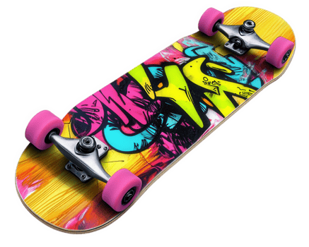 A skateboard with colorful graffiti on it png