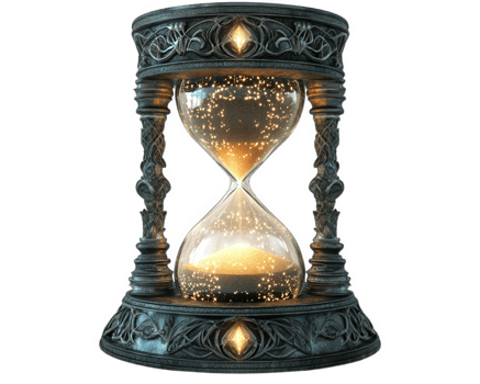 mystical hourglass filled with glowing sand, symbolizing time and magic. intricate design and shimmering particles create captivating atmosphere png