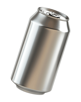 Metallic silver beverage can for mockup lying on its side, showcasing a sleek design with a reflective surface png