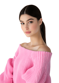 A young woman in a pink sweater. There is an emotion of calm on her face. png