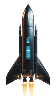 futuristic space shuttle style rocket preparing for takeoff, showcasing sleek design and powerful engines. rocket metallic surface reflects advanced technology and innovation png