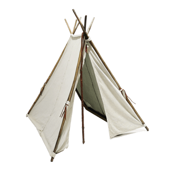 A Classic Teepee Tent Made of OffWhite Canvas and Wooden Poles png