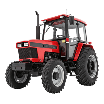 Powerful Red Farm Tractor with Large Tires and Enclosed Cab png