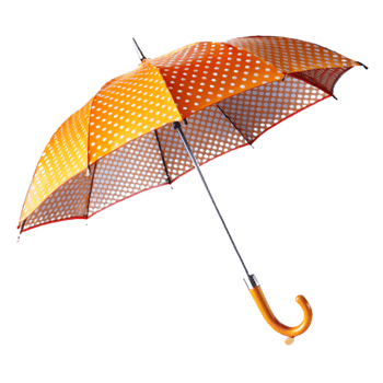 A stylish orange and beige polka dot umbrella with a curved handle png