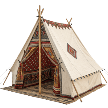 Ornate MedievalStyle Teepee Tent with Intricate Red and Gold Tapestries png