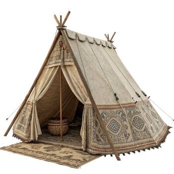 Authentic Vintage Nomadic Tent with Intricate Textile Designs and Wooden Poles png