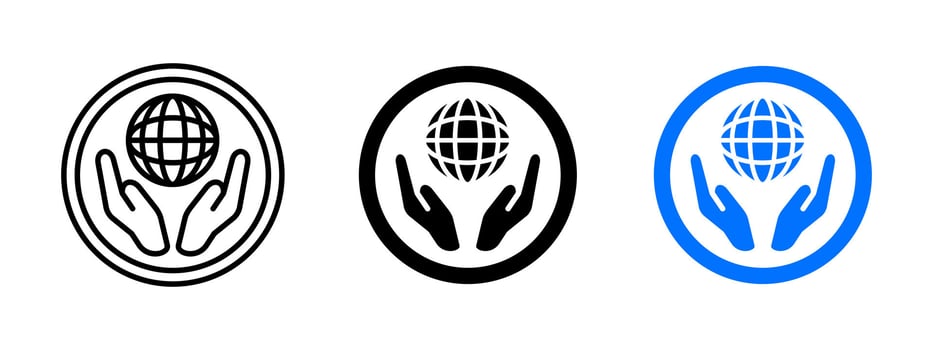 Globe hands icon. Global care illustration. Supporting and protecting the earth symbol. Environmental responsibility and humanitarian aid pictogram. vector
