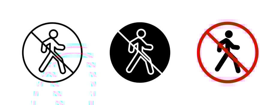 No pedestrian icon. Warning sign indicating restricted pedestrian access in specific areas. Prohibited walking symbol for traffic safety and controlled entry zones. vector
