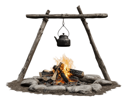 A fire pit with a kettle hanging over it png