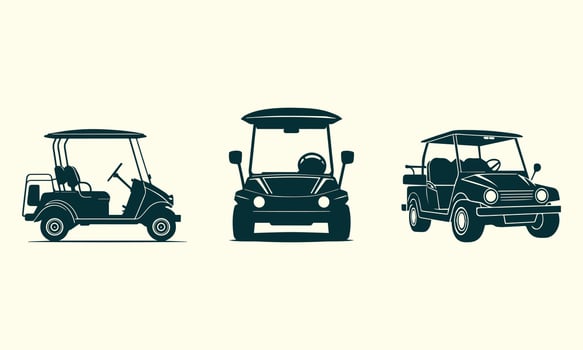 Golf car icon set, Silhouettes of Golf Cars in Front, Side, and Angled Profiles, Golf field electric vehicle. vector
