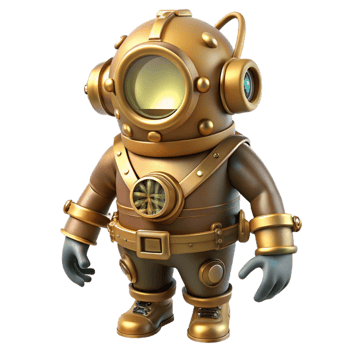 beautiful vintage A steampunk diver in a brass diving suit with large glass portholes and intricate pressure gauges, exploring a coral reef, lit by underwater spotlights original png