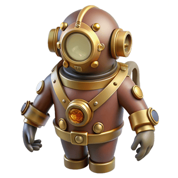 dramatic creative A steampunk diver in a brass diving suit with large glass portholes and intricate pressure gauges, exploring a coral reef, lit by underwater spotlights high resolution png