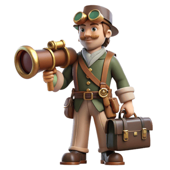 stunning classic A steampunk explorer with a leather satchel, brass telescope, and intricate goggles, standing before a vast, unexplored landscape high quality png
