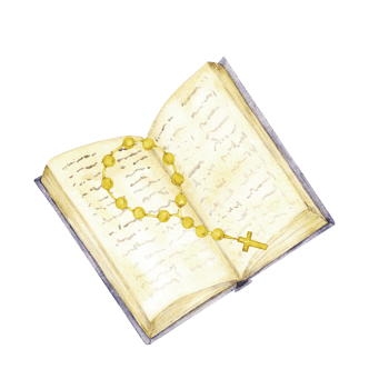 Watercolor illustration with open Bible and rosary. For first communion, baptism greeting cards, invitation, wedding card, save the date and celebration, anniversary and birthday, party png