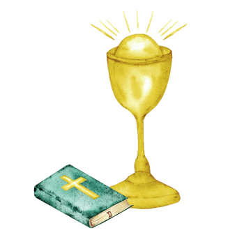 Watercolor illustration, catholic religious symbols. Chalice and Bible isolated on white background. For first communion, wedding, baprism greeting card, invitation. Hand drawn png