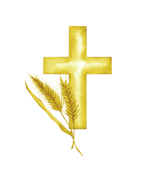 Golden cross and wheat ears. Watercolor composition with catholic religious symbols. For first communion, wedding, baprism greeting card, invitation. Hand drawn. Isolated png