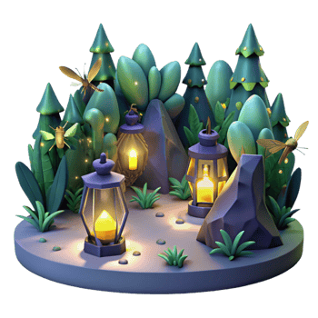 elegant artistic A group of fireflies illuminating a dark forest, magical lighting, fantasy style high resolution png