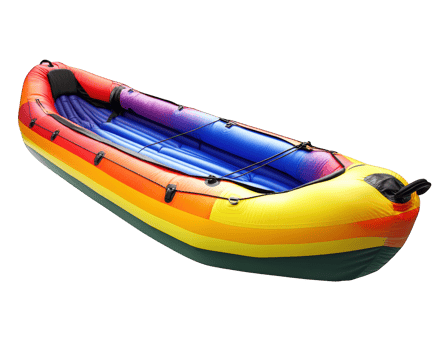 An inflatable rainbow colored boat on a black background png