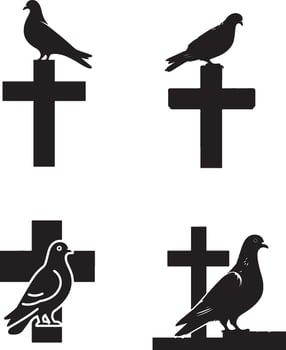 Four black silhouettes of birds on crosses vector