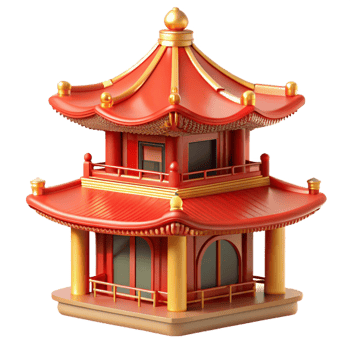vibrant minimalist A traditional Chinese pagoda with intricate red and gold detailing, surrounded by mist, rendered in a serene, classical style high quality png