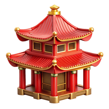 wonderful creative A traditional Chinese pagoda with intricate red and gold detailing, surrounded by mist, rendered in a serene, classical style exclusive png