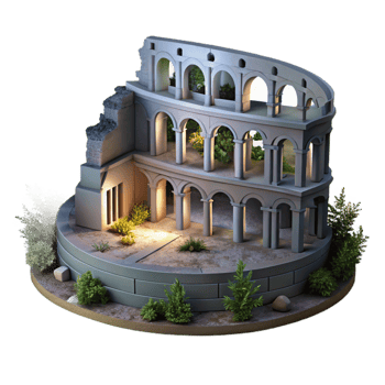 beautiful artistic A Roman amphitheater with crumbling walls and overgrown vegetation, soft moonlight casting long shadows, rendered in a haunting, historical style detailed png