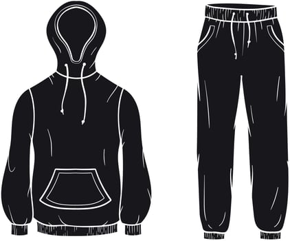illustration of a silhouette tracksuit of a hooded sweatshirt with a front pocket and drawstrings, with matching jogger pants featuring an elastic waistband and side pockets on white background vector