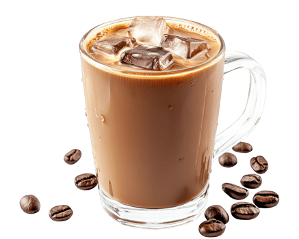 A glass of iced coffee with ice cubes png