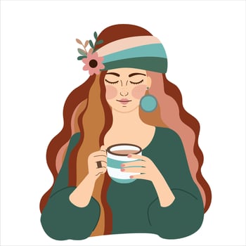 Girl with red hair drinks coffee or tea. White background. vector