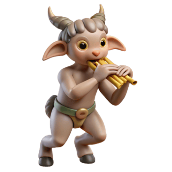 extraordinary creative A playful satyr with goat legs and a mischievous grin, playing a pan flute in a sun-drenched forest glade, illuminated by dappled sunlight in a rococo style authentic png