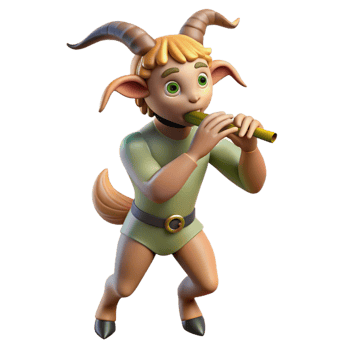 stunning traditional A playful satyr with goat legs and a mischievous grin, playing a pan flute in a sun-drenched forest glade, illuminated by dappled sunlight in a rococo style 4K png