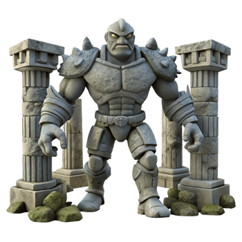 impressive creative A stoic golem, made of ancient stone, standing guard in a ruined temple. Art style Dark Fantasy professional png