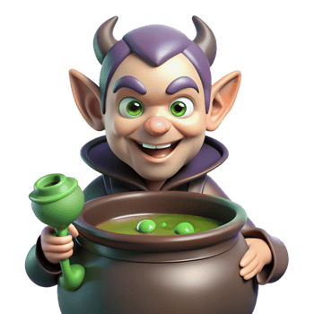 wonderful traditional A cunning imp, with pointed ears and a mischievous grin, stirring a cauldron of bubbling liquid. Art style Gothic premium png
