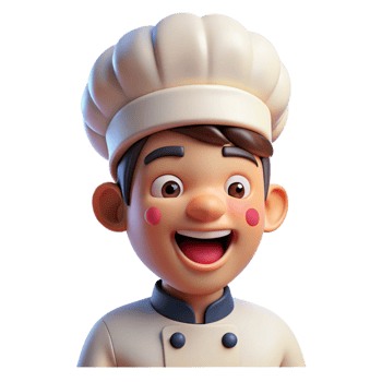 dramatic minimalist Portrait of a cheerful chef with a toque blanche and a wide smile, lit by the bright kitchen lights, in a cartoonish, illustrative style high resolution png