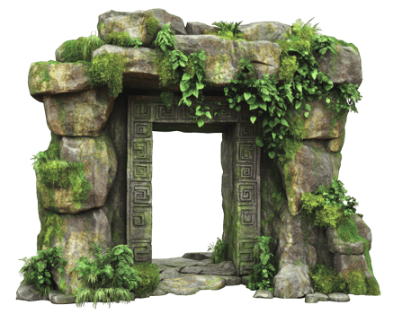 An entrance to a cave with plants growing on it png