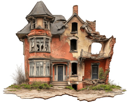 haunted house with crooked walls and twisted architecture, featuring peeling paint and broken windows, evokes sense of mystery and decay png