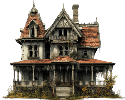 spooky haunted house with intricate architecture, overgrown plants, and weathered appearance, perfect for Halloween themes or ghost stories png