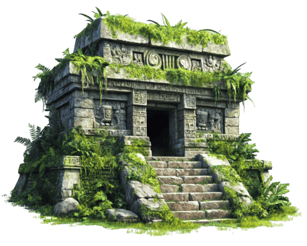 Ancient Mayan temple surrounded by lush jungle vegetation, showcasing intricate stone carvings and steps leading to entrance, evoking sense of mystery and history png
