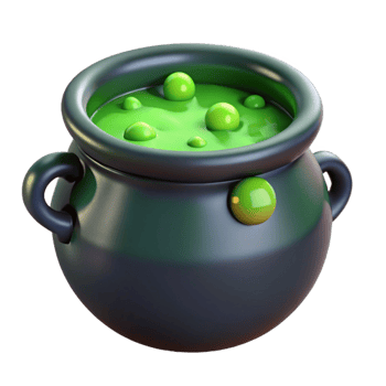 serene modern Single, cartoon witch's cauldron, bubbling green liquid premium png