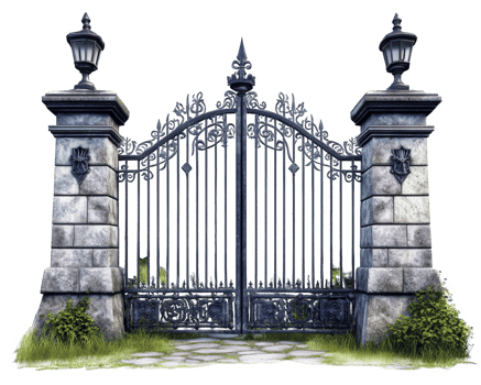 grand medieval castle gate with heavy iron portcullis, surrounded by stone pillars and lanterns, evokes sense of history and mystery png