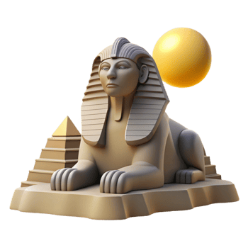 serene modern A stoic sphinx, carved from obsidian, gazing across a vast desert landscape under a scorching midday sun, in a stylized, Art Deco style 4K png