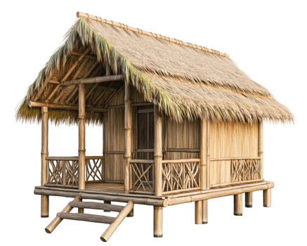 traditional wooden hut with thatched roof and bamboo walls, showcasing rustic design. This structure is perfect for tropical settings and evokes sense of tranquility png
